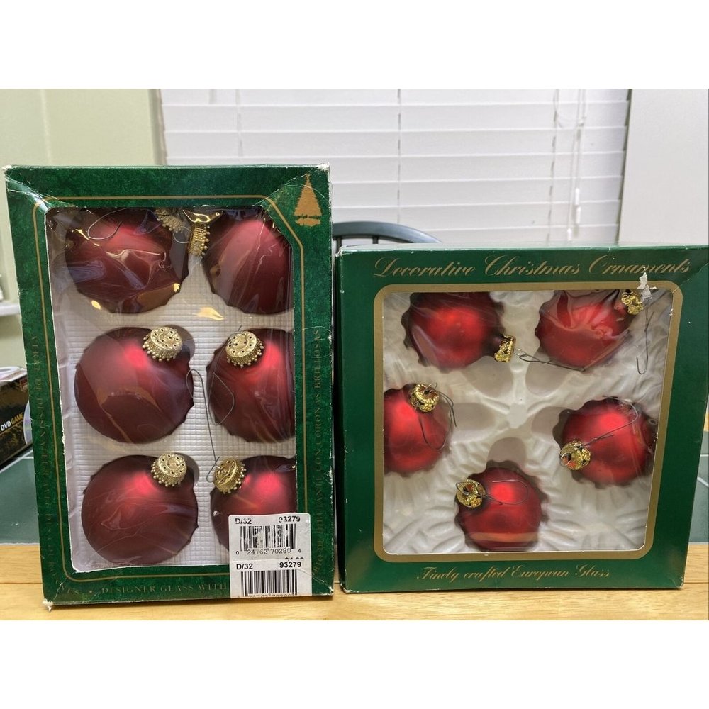 11 Vintage Krebs Burgundy & Red Designer Christmas Glass Ornaments Balls w/Box